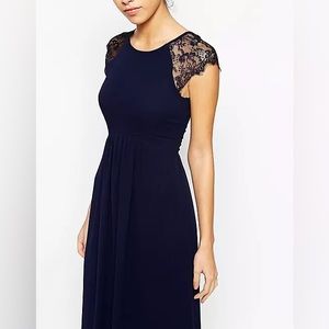 Elise Ryan maxi navy dress with lace sleeves and a lace back neckline